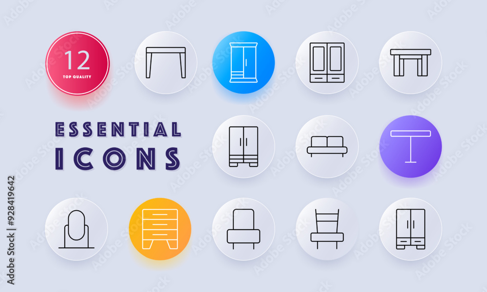 Furniture icon set. Table, wardrobe, closet, sofa, dresser, chair, home, interior design, storage unit, seating, living room, cabinet, home decor, furnishing, wooden, house, layout Furniture icon set. Table, wardrobe, closet, sofa, dresser, chair, home, interior design, storage unit, seating, living room, cabinet, home decor, furnishing, wooden, house, layout