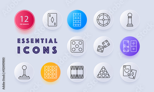 Game icon set. Playing cards, dice, roulette, chess pawn, domino, pool, board games, strategy, recreation, entertainment, puzzle, luck, skill, competition, gambling, leisure, tabletop
