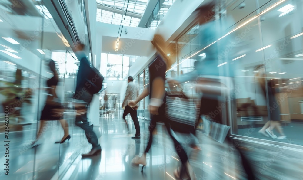 Blurred group of busy business people moving through a corporate office space, Generative AI Blurred group of busy business people moving through a corporate office space, Generative AI