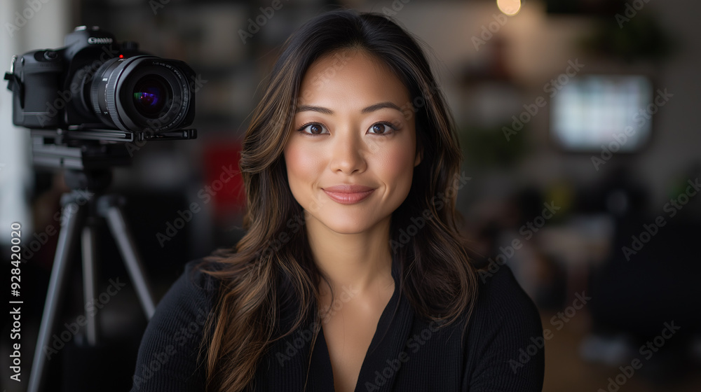 A young woman, content creator or video blogger, is sitting in front of a camera in a well-lit and professional setting. The camera is positioned in the background. She is about to record a video. A young woman, content creator or video blogger, is sitting in front of a camera in a well-lit and professional setting. The camera is positioned in the background. She is about to record a video.