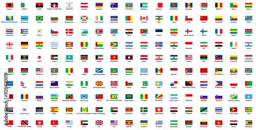 All world flags with signatures vector set of rectangular icons. Flags of all countries and continents. International flags, country emblems, global identity, national flags, geographical symbols