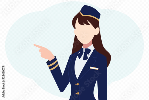 young woman Stewardess Dressed In Uniform pointing right. Flat vector illustration isolated on white background with a friendly smile.