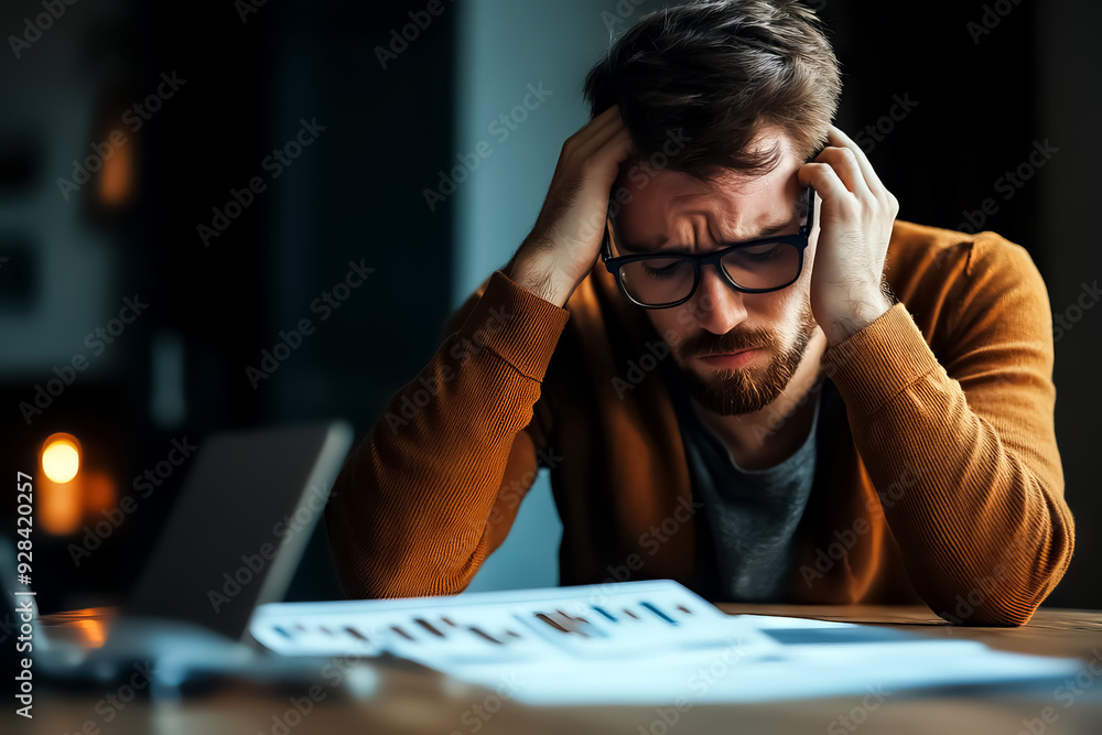 A stressed man holding his head in frustration while reviewing documents at a desk, capturing the essence of workplace anxiety. A stressed man holding his head in frustration while reviewing documents at a desk, capturing the essence of workplace anxiety.