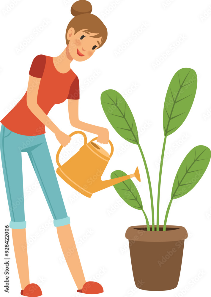 Woman watering houseplant from can. Home gardening Woman watering houseplant from can. Home gardening