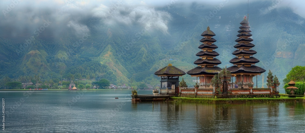 Serene Temple on a Tranquil Lake with Majestic Mountains Serene Temple on a Tranquil Lake with Majestic Mountains