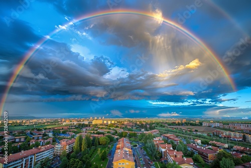 Rainbow Over the City, Rain Bow Sky Town Landscape, Urban Cityscape after Rain, Rainbow