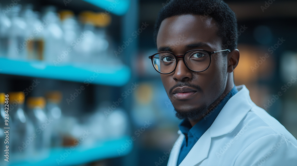 Fototapeta premium Man scientist , chemical solution in many test tubes and analyze the chemical reactions that occur in chemical laboratory, science background