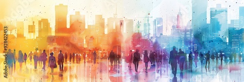 Panel kuchenny z motywem A colorful watercolor illustration depicting a city skyline with people walking, symbolizing urban life, community, diversity, movement, and progress.