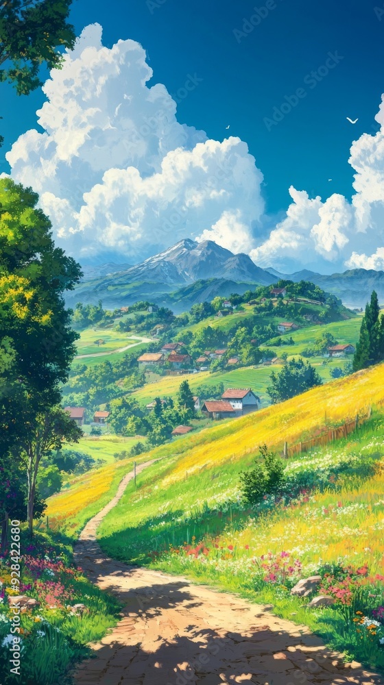 Obraz premium Whimsical Anime Village: A Vibrant Anime-Style Pastoral Landscape Blended with Colorful Elements and Impressionist Touches, the Quintessence of Leisurely Retreats and Idyllic Travel Posters in 4K Wall