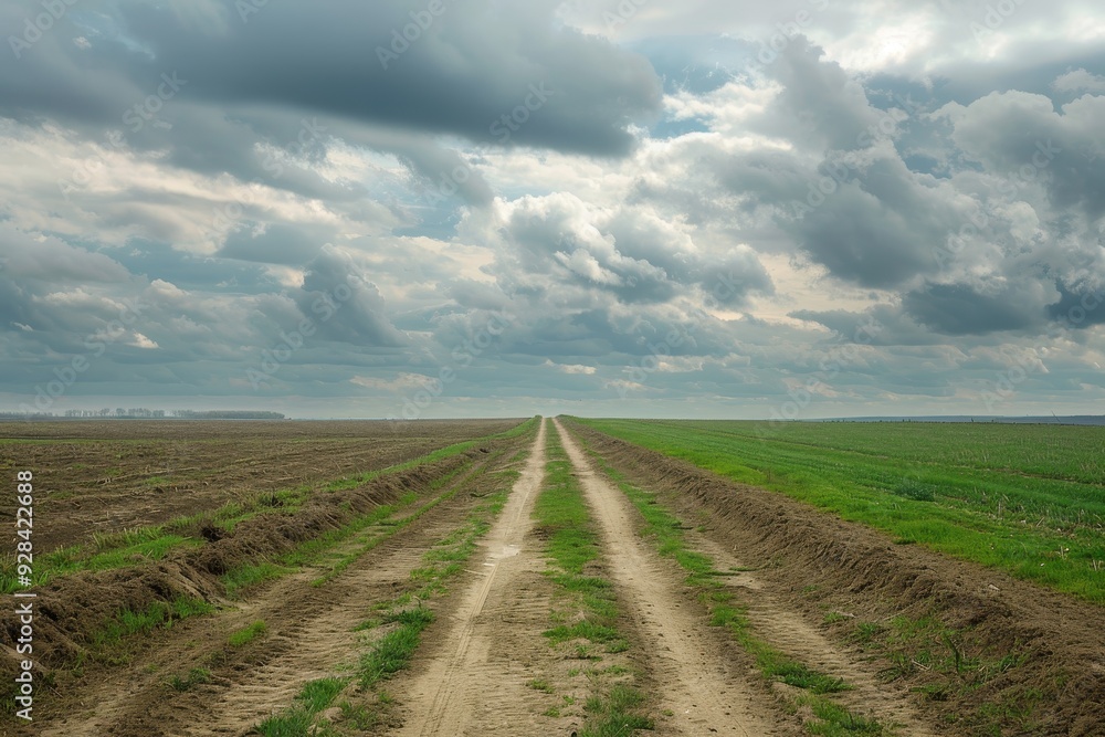 Obraz premium Rural landscape with fields sky and clouds spring mood