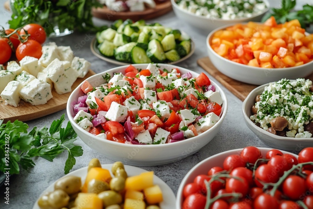 greek salad and other dishes on the summer dinner party. greek salad and other dishes on the summer dinner party.