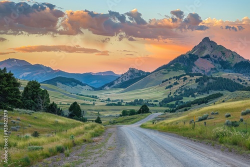 Rural landscape with sunset in summer