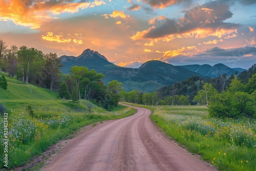 Rural road and mountains at dusk in summer