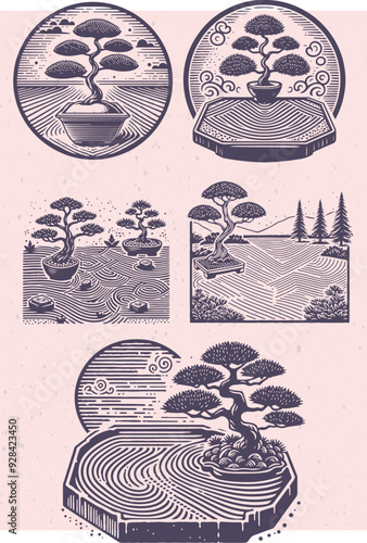 Series of detailed woodcut-style illustrations with bonsai trees in various Zen garden settings. Intricate patterns, stylized waves, and abstract backgrounds, emphasizing tranquility and nature.