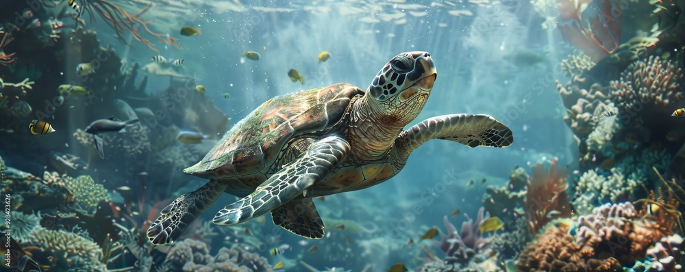 Fototapeta premium Underwater scene with sea turtles, 4K hyperrealistic photo