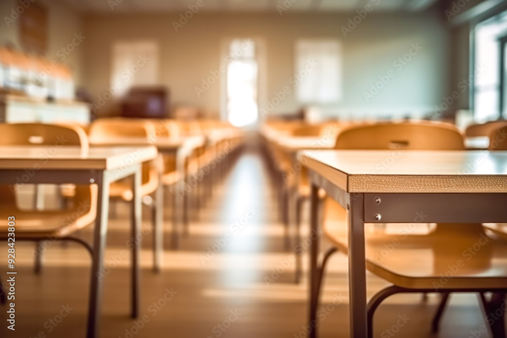 A classroom with desks and chairs and a whiteboard. The room is empty and the sun is shining through the windows A classroom with desks and chairs and a whiteboard. The room is empty and the sun is shining through the windows