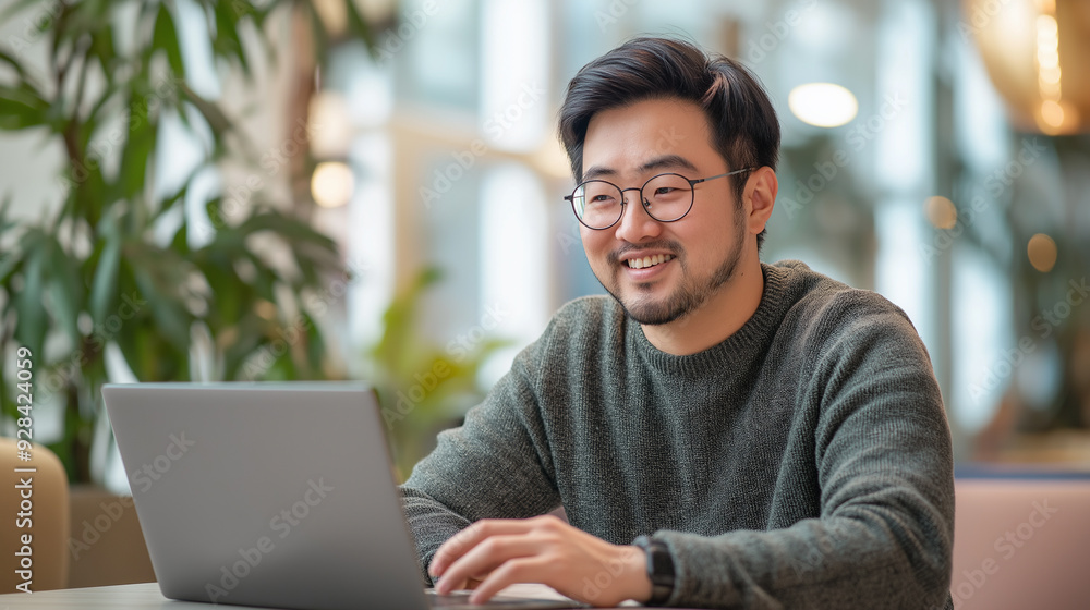 A man looking at a laptop in a bright modern office A man looking at a laptop in a bright modern office