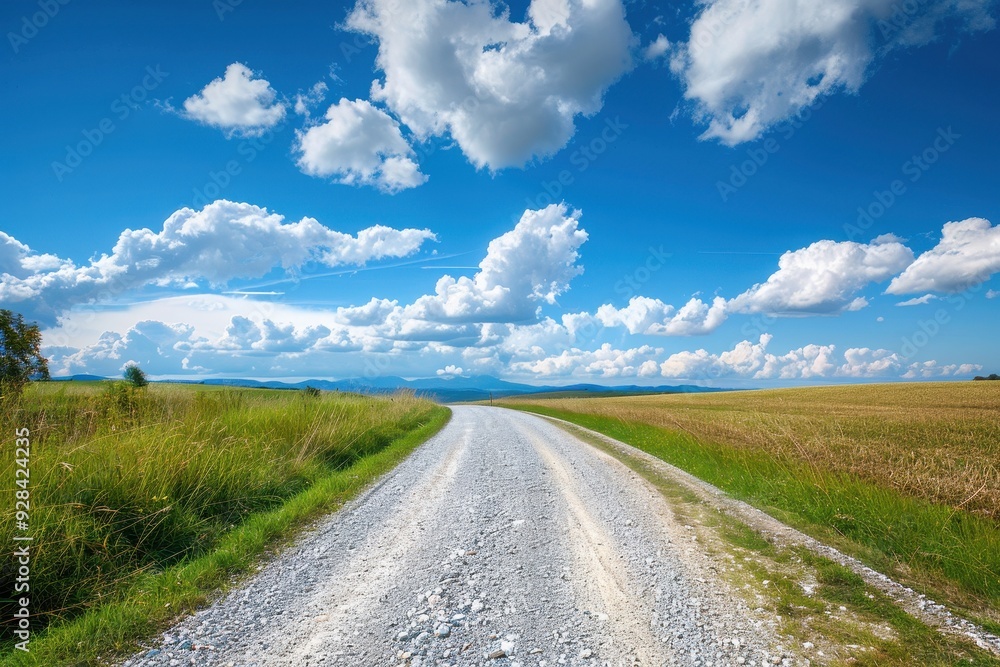 Rural road with gravel and clouds in blue sky Rural road with gravel and clouds in blue sky