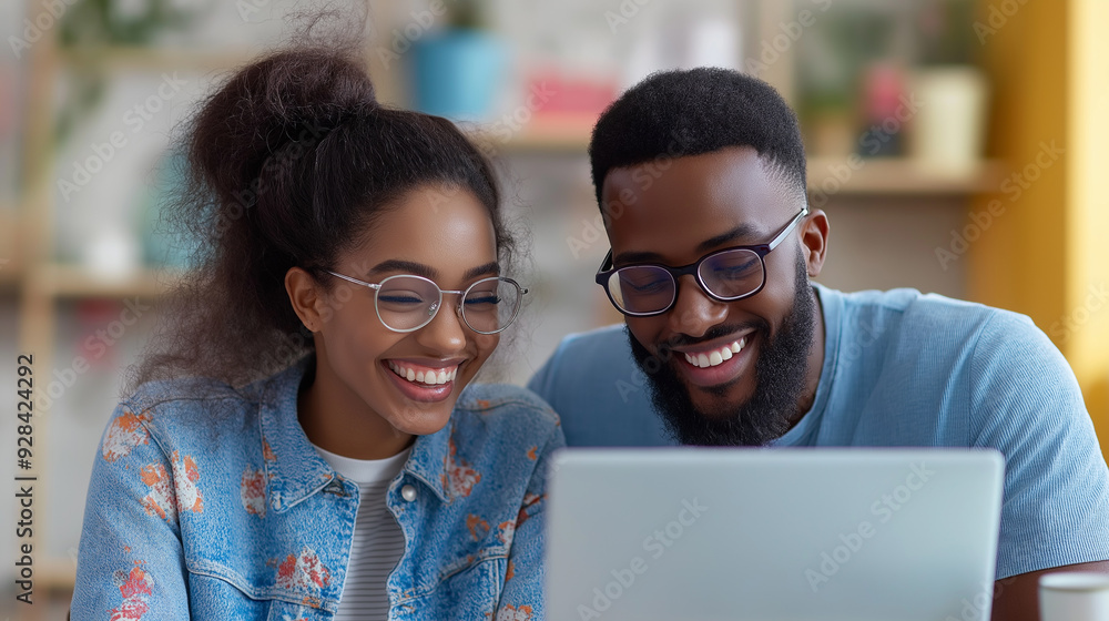Young couple enjoying doing something on laptop Young couple enjoying doing something on laptop