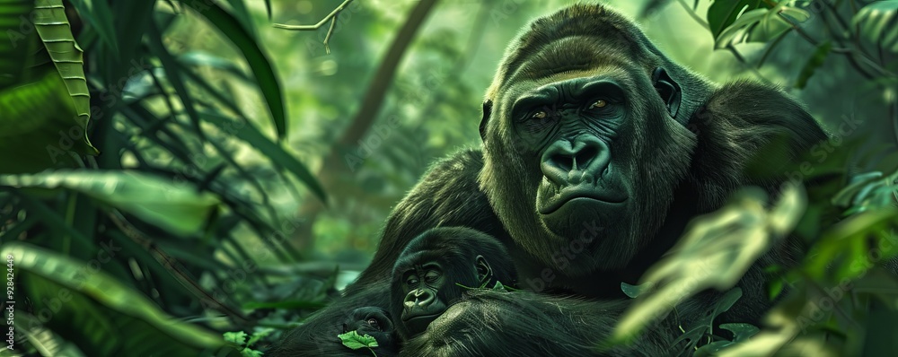 Stoic gorilla watching over its family in the lush jungle, 4K hyperrealistic photo Stoic gorilla watching over its family in the lush jungle, 4K hyperrealistic photo