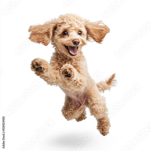 A fluffy brown poodle dog runs on a white background. photo