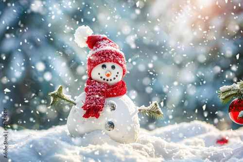 Christmas greeting card with bright winter holiday snowman and New Year background