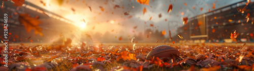 A football lies on a field covered in autumn leaves, with a stadium in the background and leaves falling from the sky. The image symbolizes the end of a season, the beauty of nature, and the thrill of