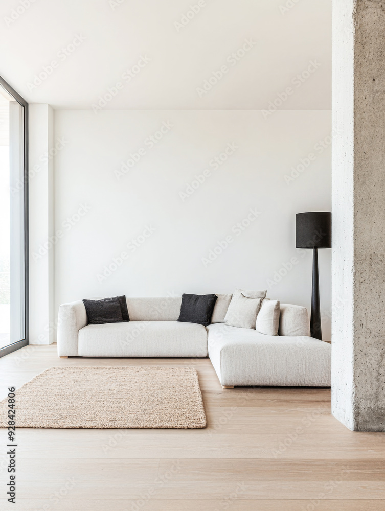 Luxury living room area with minimalist furniture and minimal decor in an interior design composition. Luxury living room area with minimalist furniture and minimal decor in an interior design composition.