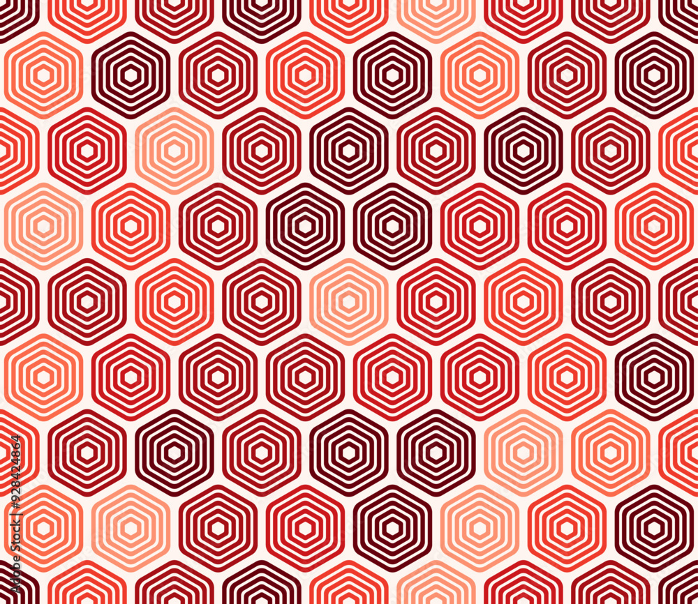 Fototapeta premium Hexagon Background. Bold rounded stacked hexagons mosaic pattern. Red color tones. Hexagonal cells. Seamless pattern. Tileable vector illustration.