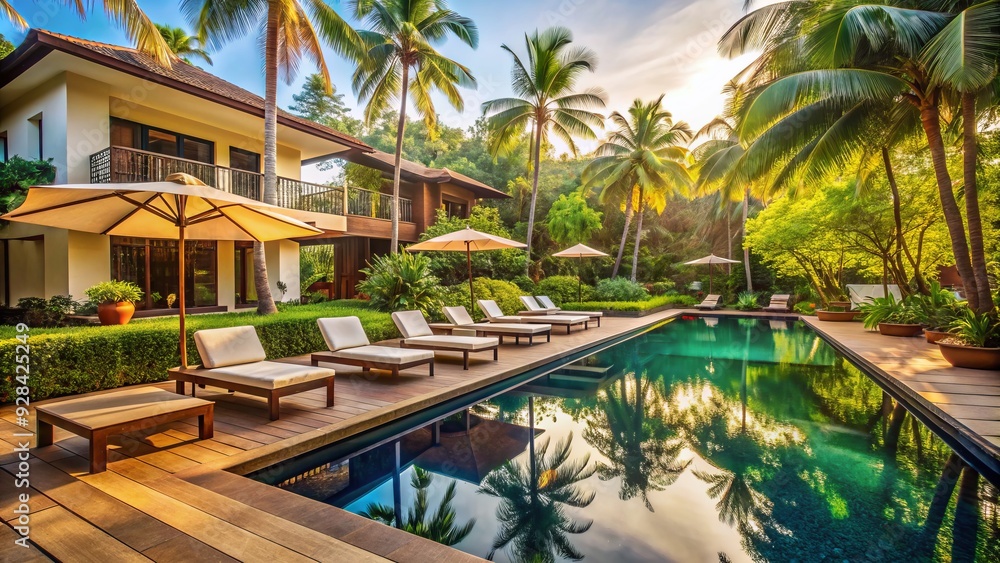 Sunny morning at a modern resort in North Goa, India, featuring serene pools and comfortable outdoor seating areas surrounded by lush greenery and tranquil atmosphere. Sunny morning at a modern resort in North Goa, India, featuring serene pools and comfortable outdoor seating areas surrounded by lush greenery and tranquil atmosphere.
