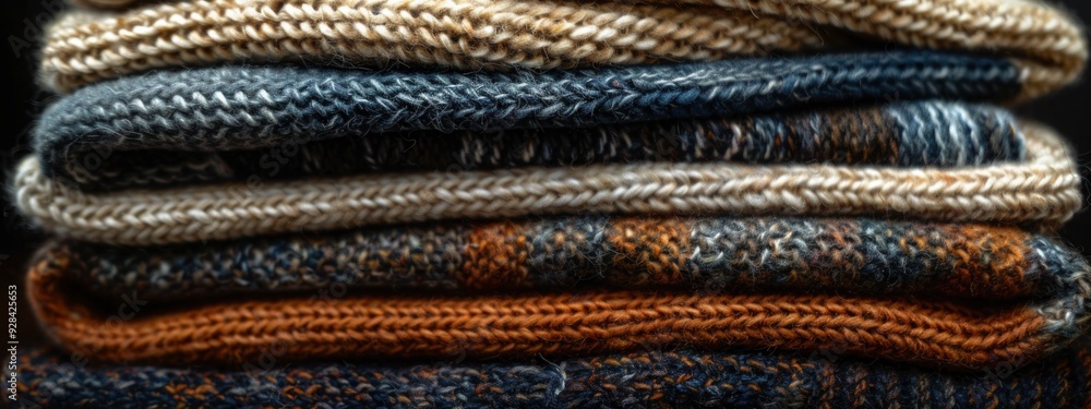 stack of folded textile, knitted items in gray and beige tones on dark background. cleaning, house order , organization of space. cozy winter. banner stack of folded textile, knitted items in gray and beige tones on dark background. cleaning, house order , organization of space. cozy winter. banner