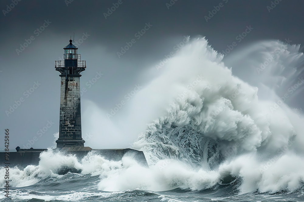 Generative ai on theme of large retro lighthouse with beam of bright light shining out to blue sea Generative ai on theme of large retro lighthouse with beam of bright light shining out to blue sea