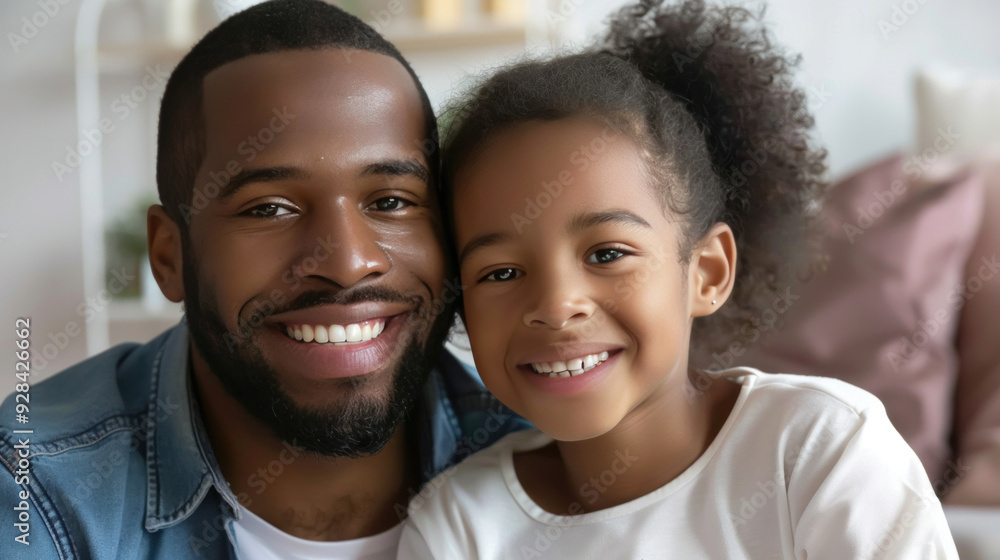 A cheerful father and his cute kindergarten daughter look out with big smiles and pose for a photo at home. A cheerful father and his cute kindergarten daughter look out with big smiles and pose for a photo at home.