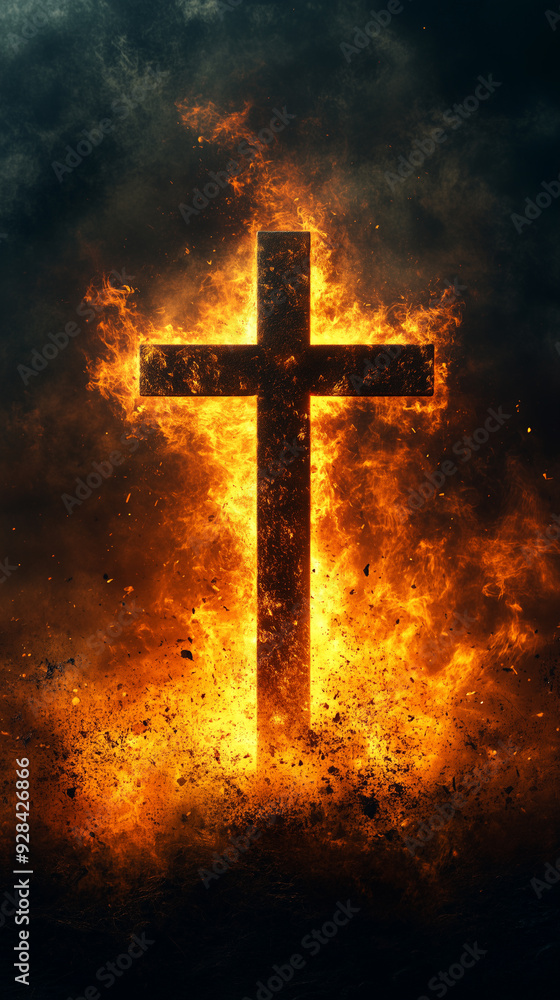 Fototapeta premium The cross on fire represents religion's powerful influence, igniting fervor and conviction in the hearts of believers. 