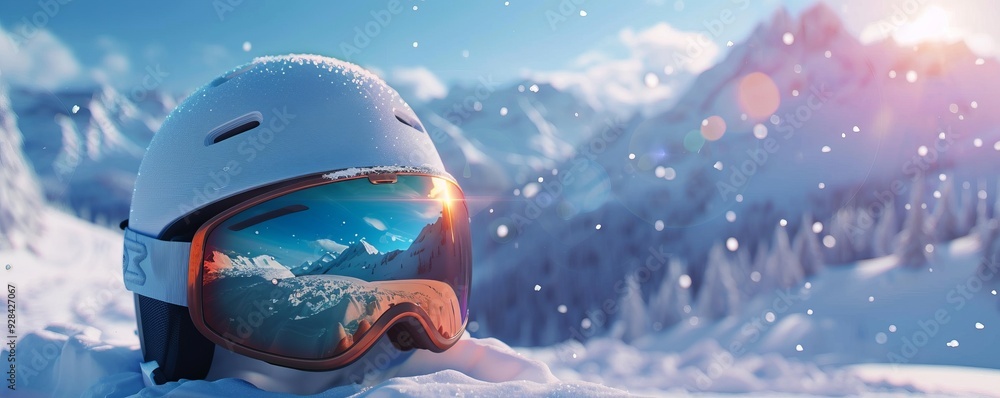 Innovative ski goggles and helmet on snowy slopes, 4K hyperrealistic photo Innovative ski goggles and helmet on snowy slopes, 4K hyperrealistic photo