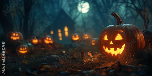 Dark, eerie forest scene illuminated by jack-o'-lanterns with a distant house and full moon, creating a spooky Halloween atmosphere filled with mystery and fright. photo