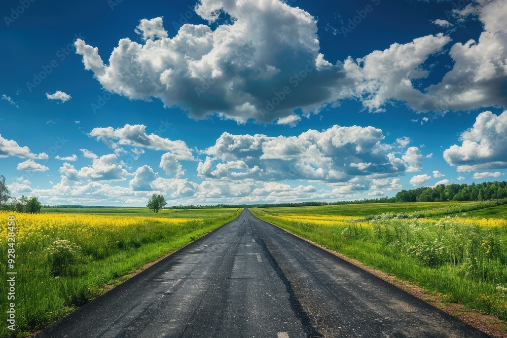 Scenic countryside landscape with asphalt road summer field and blue cloudy sky Scenic countryside landscape with asphalt road summer field and blue cloudy sky