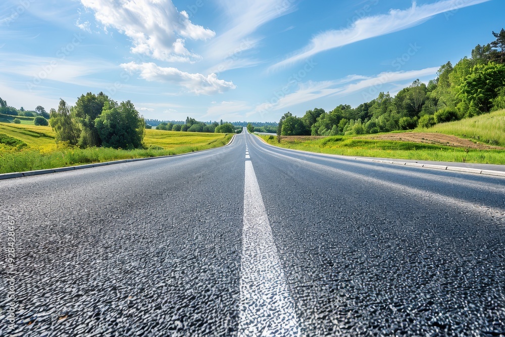Scenic countryside road on a sunny summer day with white lines in beautiful nature Scenic countryside road on a sunny summer day with white lines in beautiful nature