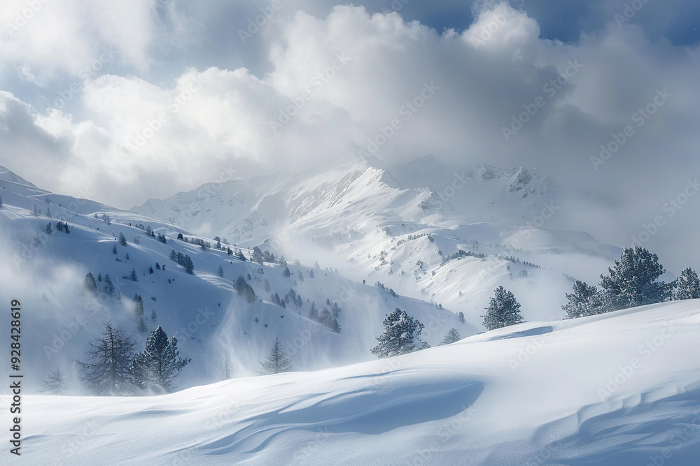 Generative ai on theme of descent of an huge avalanche from the mountain, winter nature landscape Generative ai on theme of descent of an huge avalanche from the mountain, winter nature landscape