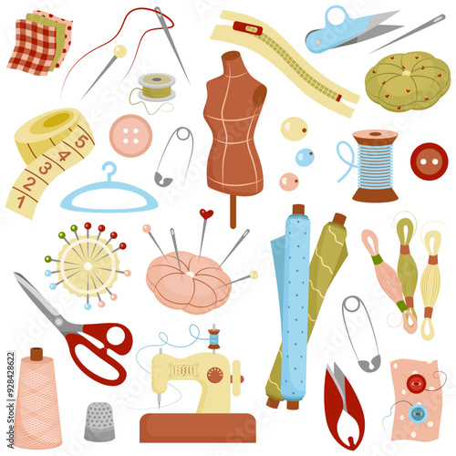 Set of elements for sewing, fabric, mannequin, thread, needles, scissors. Items for hobby. Colorful vector illustration for design of sewing books, albums, flyers, business cards, banners.