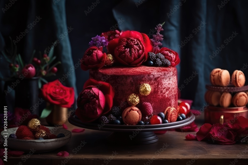Luxury Velvet Cake with Elegant Decorations on Moody Background High Resolution Food Photography Ideal for Gourmet Dessert Ads Premium Menus and Culinary Visuals Luxury Velvet Cake with Elegant Decorations on Moody Background High Resolution Food Photography Ideal for Gourmet Dessert Ads Premium Menus and Culinary Visuals
