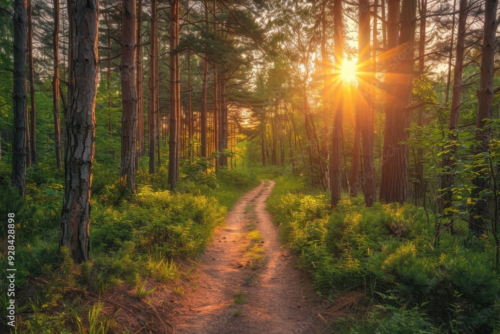 Fototapeta premium Scenic forest trail with sunset view ideal for walking or biking on dirt road