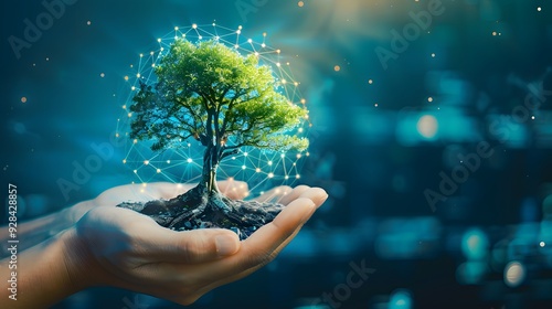 A hand holding a glowing tree growing on a digital globe, symbolizing growth and global connection through technology