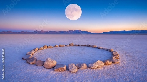 A serene moment under the full moon over a salt flat with a stone circle during twilight