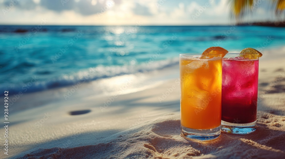 Obraz premium Vibrant cocktail drinks on a sun-kissed tropical beach, with the bright colors contrasting beautifully against the white sand and blue ocean.