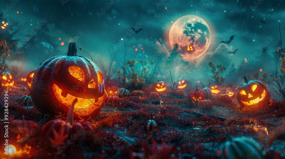 A magical Halloween night scene with glowing jack-o'-lanterns in a forest under a full moon, conveying themes of mystery, celebration, and autumn. A magical Halloween night scene with glowing jack-o'-lanterns in a forest under a full moon, conveying themes of mystery, celebration, and autumn.
