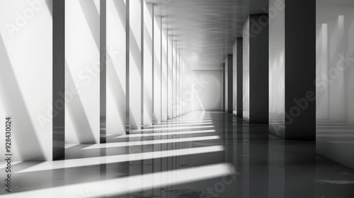 A minimalist hallway with pillars and sunlight streaming through, symbolizing simplicity, space, perspective, and light.