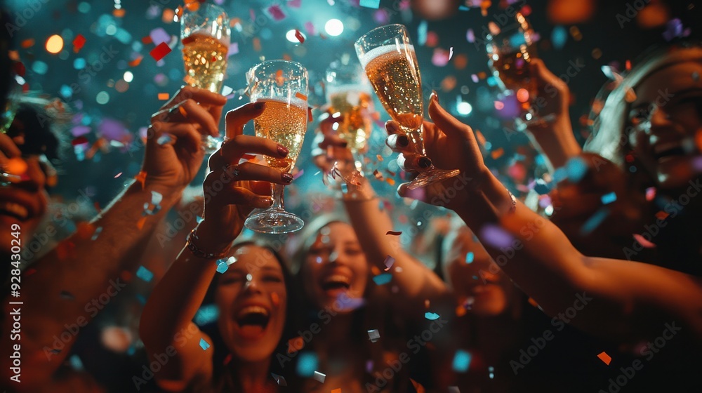 Obraz premium Friends celebrating with colorful shots, surrounded by confetti and streamers, at a New Year's Eve party.