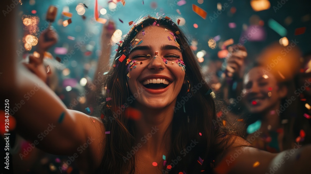 Friends celebrating with colorful shots, surrounded by confetti and streamers, at a New Year's Eve party. Friends celebrating with colorful shots, surrounded by confetti and streamers, at a New Year's Eve party.