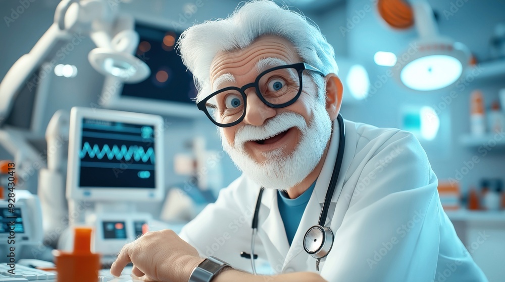 Animated elderly male doctor with white hair and beard, wearing glasses and a stethoscope, smiling in a modern medical setting with medical equipment. Animated elderly male doctor with white hair and beard, wearing glasses and a stethoscope, smiling in a modern medical setting with medical equipment.
